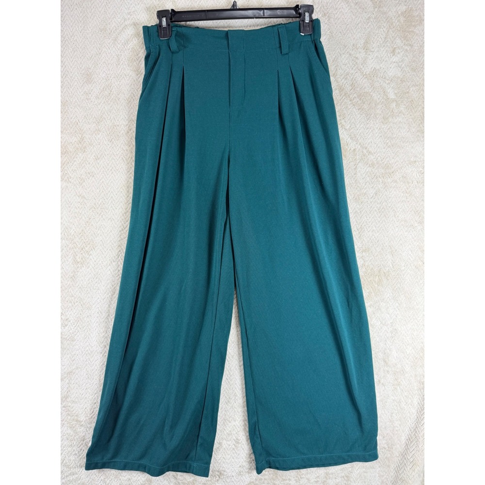 Halara Women Teal Green Waffle Knit Wide Leg Pleated Trousers Pants Size L
